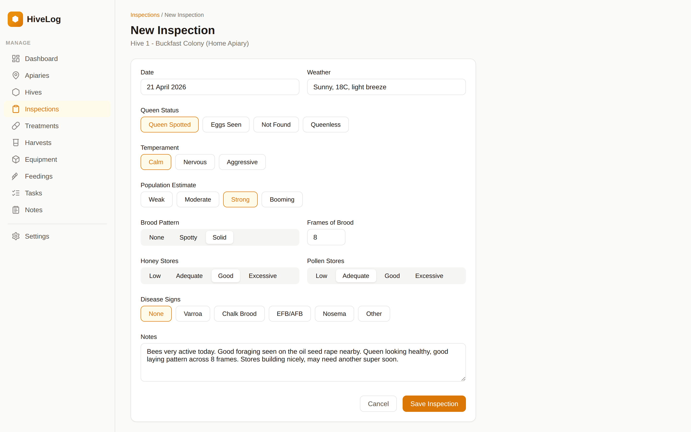 HiveLog inspection form with queen status, temperament, brood pattern, and disease tracking